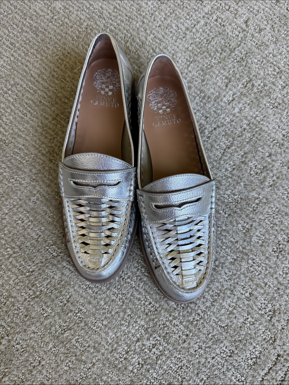 Vince Camuto Silver Woven Leather Penny Loafers
